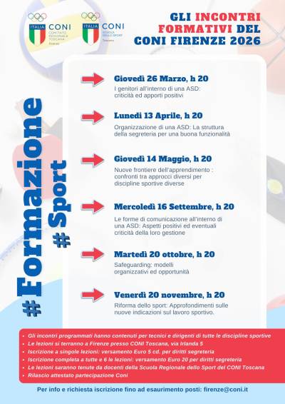 Coni Firenze: al via le iscrizioni ai corsi base per istruttori e dirigenti